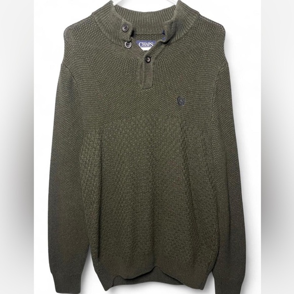 Chaps Olive Green Knit Quarter Button Sweater with Elbow Patches - Picture 1 of 2